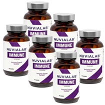 Paquete de seis botellas de NuviaLab Immune, ideal para un suministro prolongado.